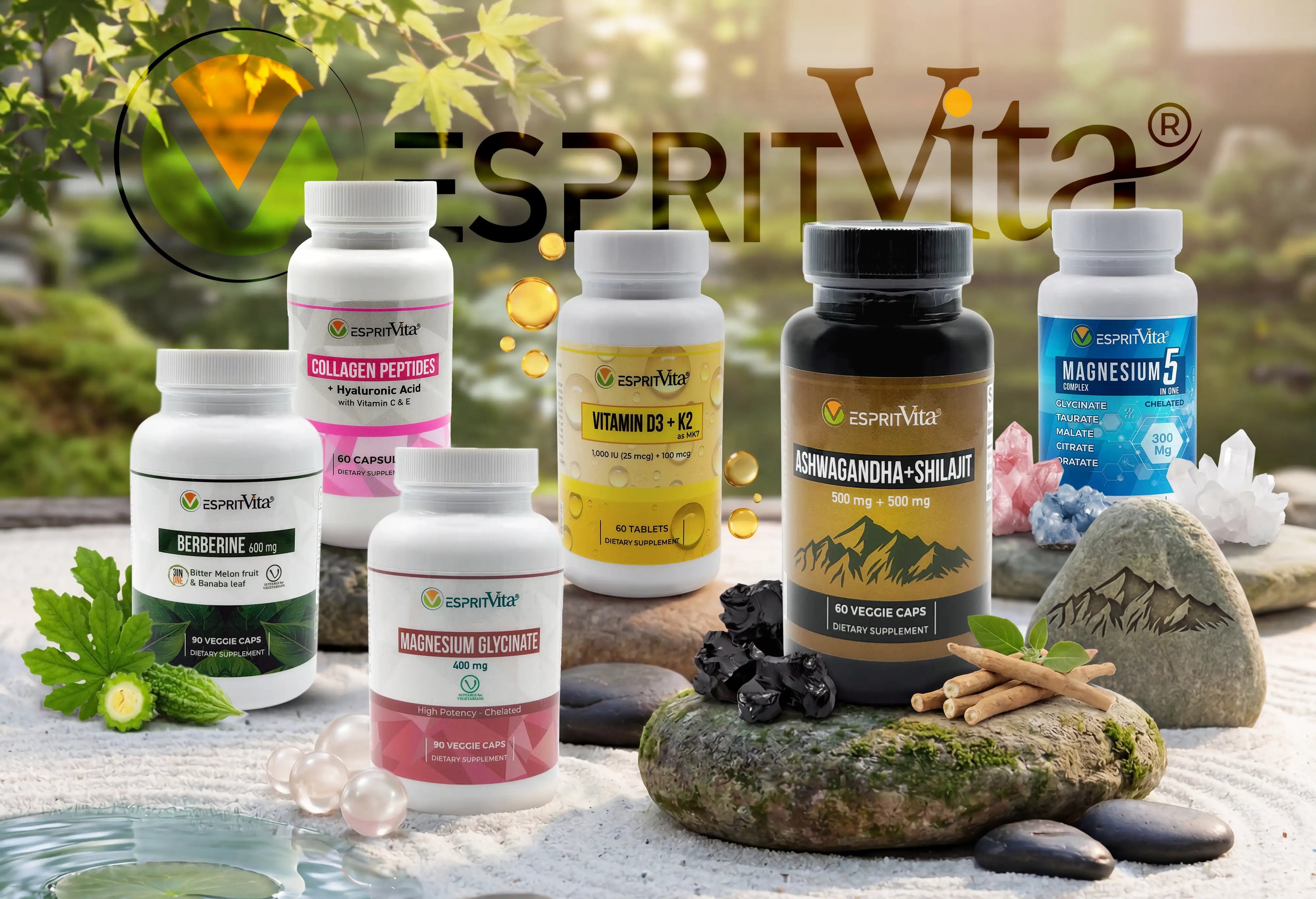 EspritVita natural supplements collection — Collagen, Berberine, Magnesium, Vitamin D3+K2, Ashwagandha and more, set in a natural garden